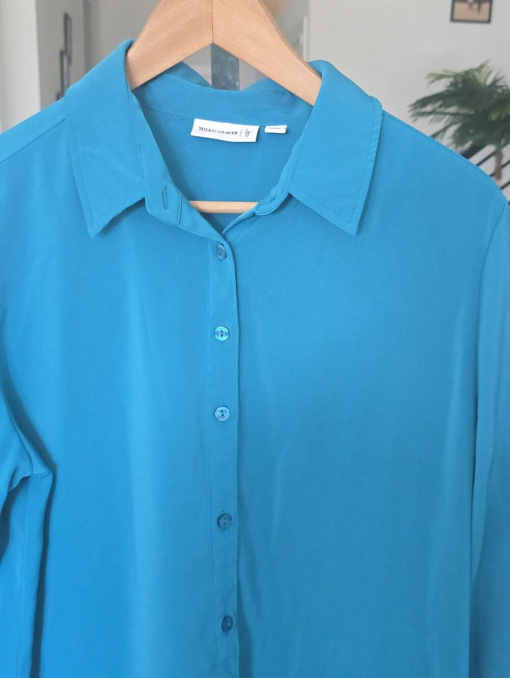 Susan Graver Teal Liquid Knit Button Front Blouse Women's Medium Long Sleeve - Picture 3 of 9